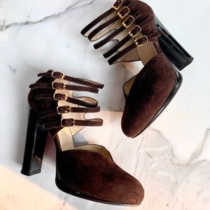 MICHEL PERRY PARIS SUEDE MULTI BUCKLE BLACK PATENT LEATHER PLATFORM HEELS 1990s.